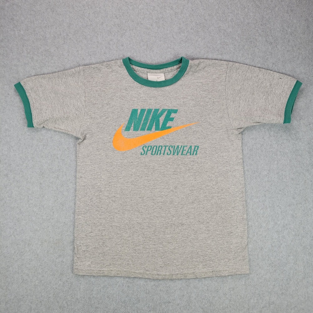 Nike T-Shirt Kids Small 8 Gray Green Ringer Sportswear Logo Tee